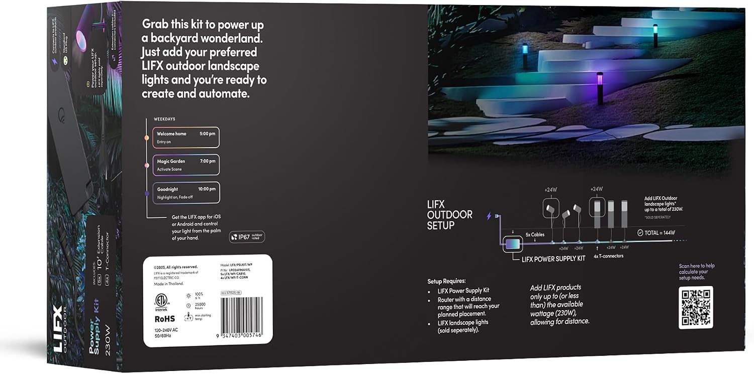 LIFX Outdoor Landscape Low Voltage Plug-in Power Supply Kit, Dual Output, Supports Up to 8 Path or Spot Lights, Weatherproof Cabling, Includes 10 ft Extension Cable & T-Connectors, LFX/PSUKIT/WP