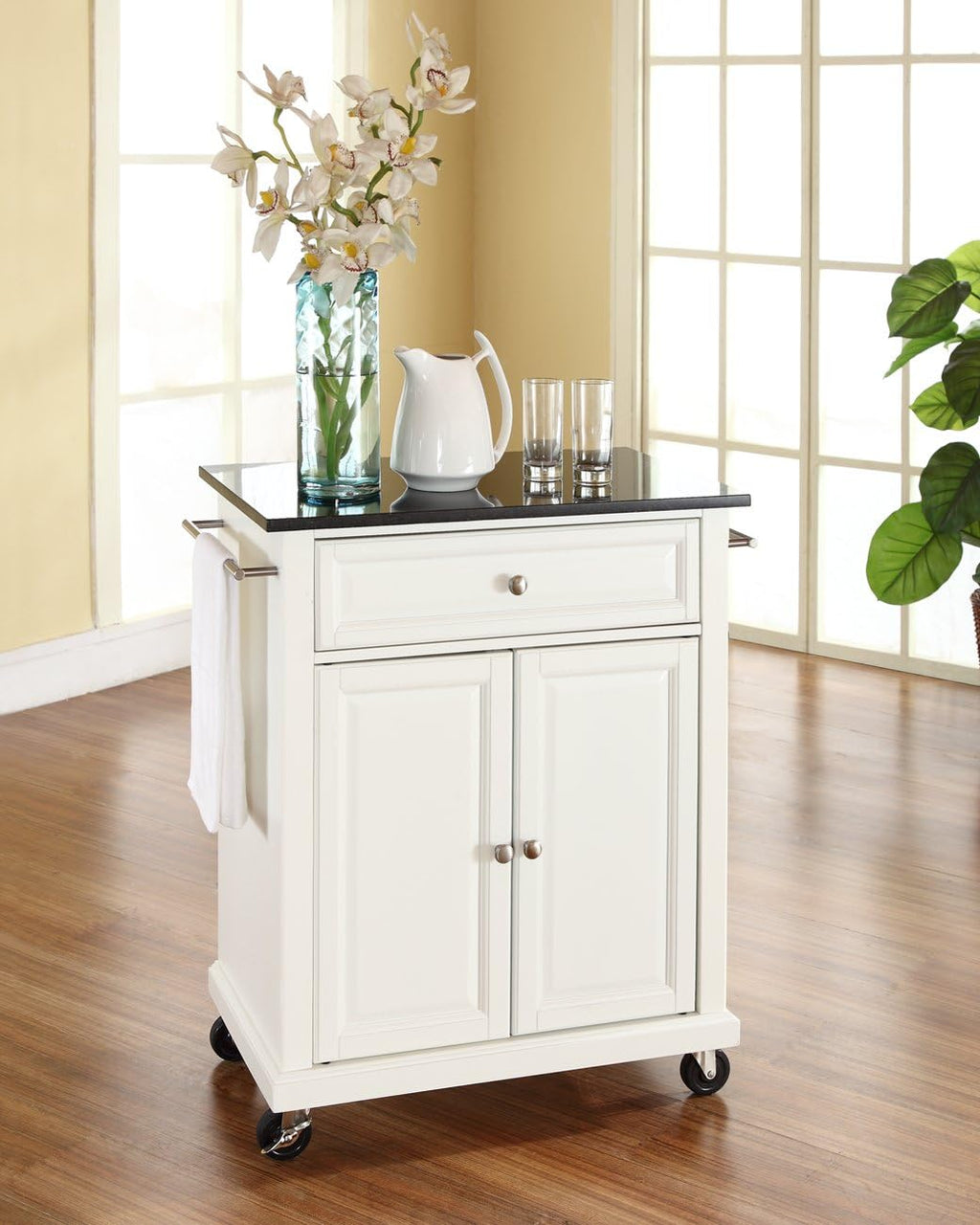 Crosley Furniture Compact Granite Top Small Rolling Cart with Shelves, Microwave Stand with Towel Rack, White