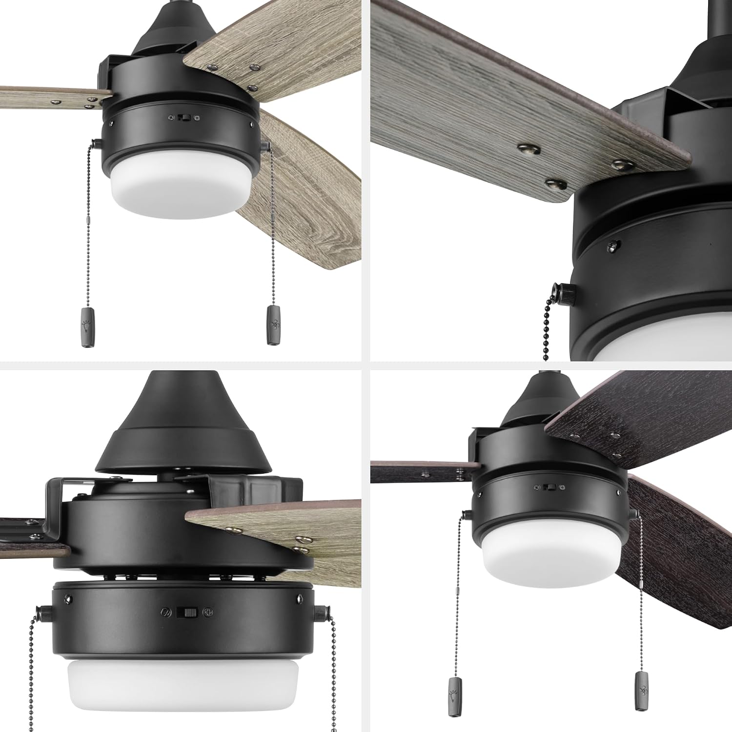 Honeywell Ceiling Fans Berryhill, 48 Inch Ceiling Fan with Color Changing LED Light, Pull Chain, Dual Mounting Options, 3 Dual Finish Blades, Reversible Airflow - 51858-01 (Matte Black)