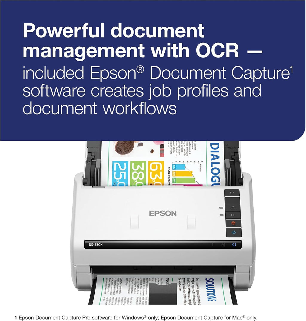 Epson DS-530X Color Duplex Desktop Document Scanner, up to 45 ppm, USB Connectivity, 100-Page Auto Document Feeder (ADF), Twain and ISIS Drivers