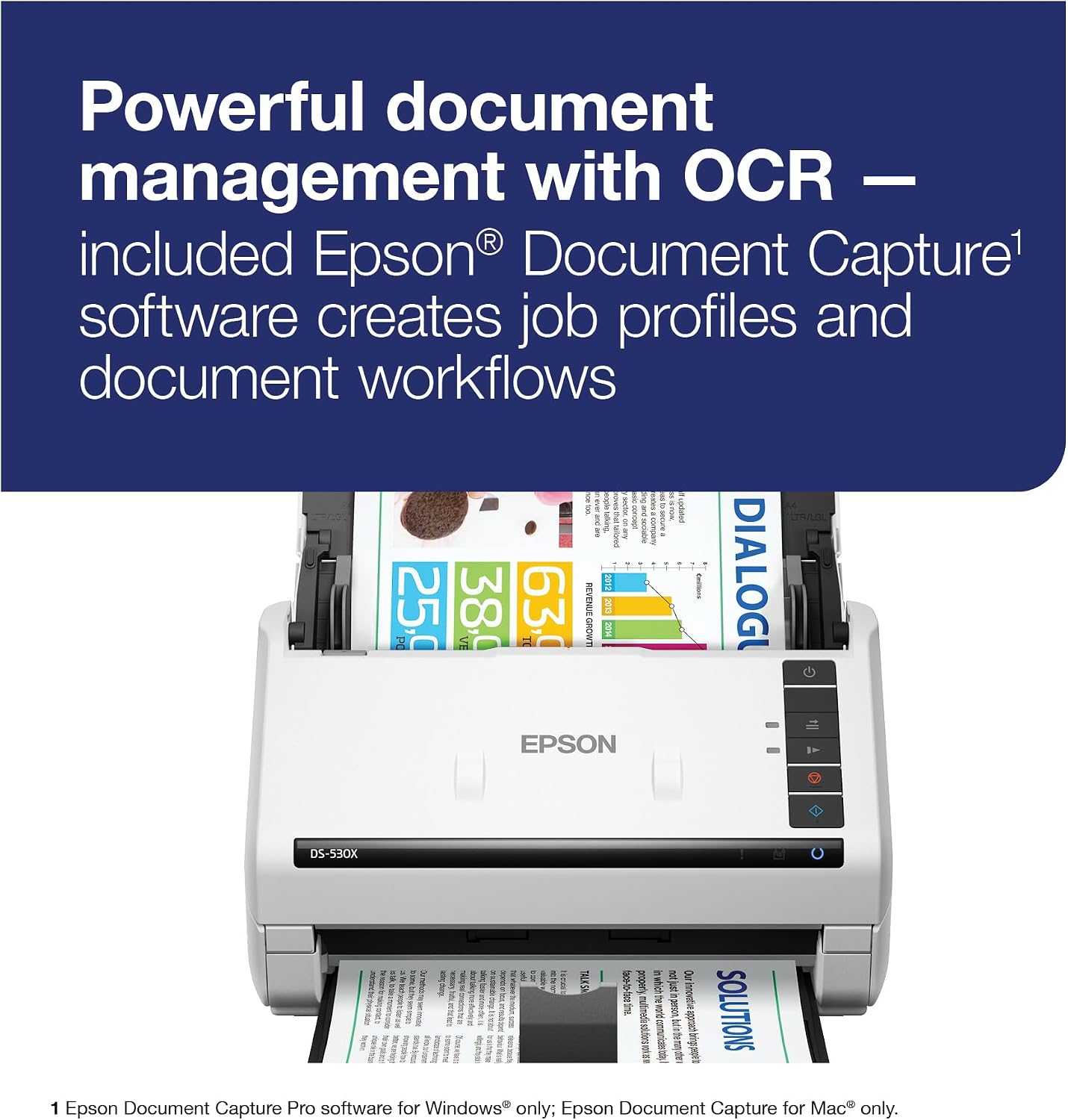 Epson DS-530X Color Duplex Desktop Document Scanner, up to 45 ppm, USB Connectivity, 100-Page Auto Document Feeder (ADF), Twain and ISIS Drivers