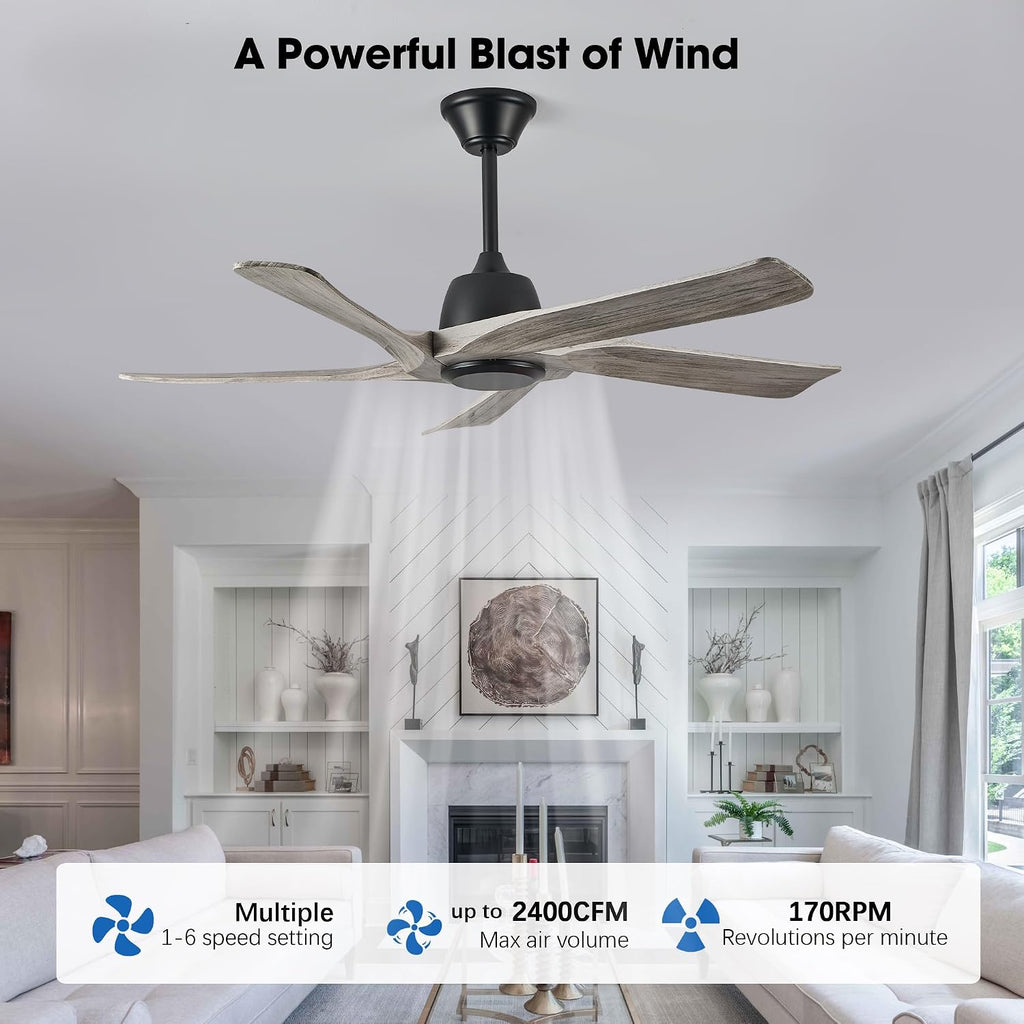 52' DC Ceiling Fan without Light, 5 Solid Wood Fan Blades, Remote and APP Control, 6-speed Reversible, Noiseless Ceiling Fan No Lights for Bedroom, Living Room, Office, Greywood