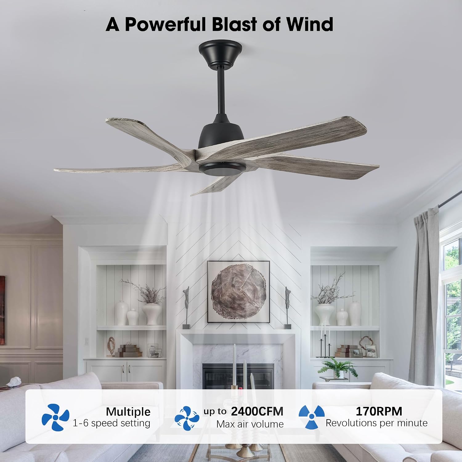 52' DC Ceiling Fan without Light, 5 Solid Wood Fan Blades, Remote and APP Control, 6-speed Reversible, Noiseless Ceiling Fan No Lights for Bedroom, Living Room, Office, Greywood