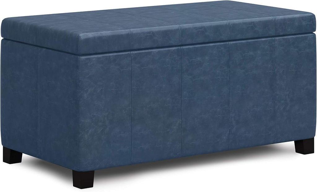 SIMPLIHOME Dover Storage Ottoman Bench - 36 inch Wide Upholstered Vegan Leather Rectangular Lift-Top Ottoman in Denim Blue, Contemporary Bench for Living Room with Safety Hinges