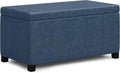 SIMPLIHOME Dover Storage Ottoman Bench - 36 inch Wide Upholstered Vegan Leather Rectangular Lift-Top Ottoman in Denim Blue, Contemporary Bench for Living Room with Safety Hinges
