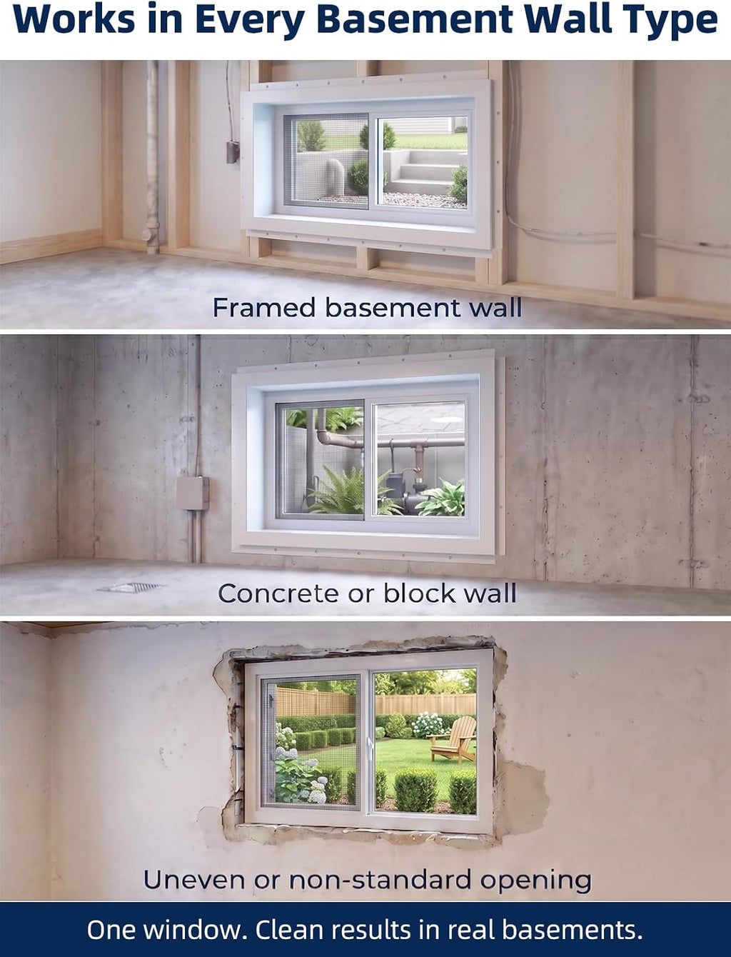 NOOTA EasyWing Basement Window 32' x 20' Double Tempered Glass, Removable Flange, Vinyl Basement Replacement Window
