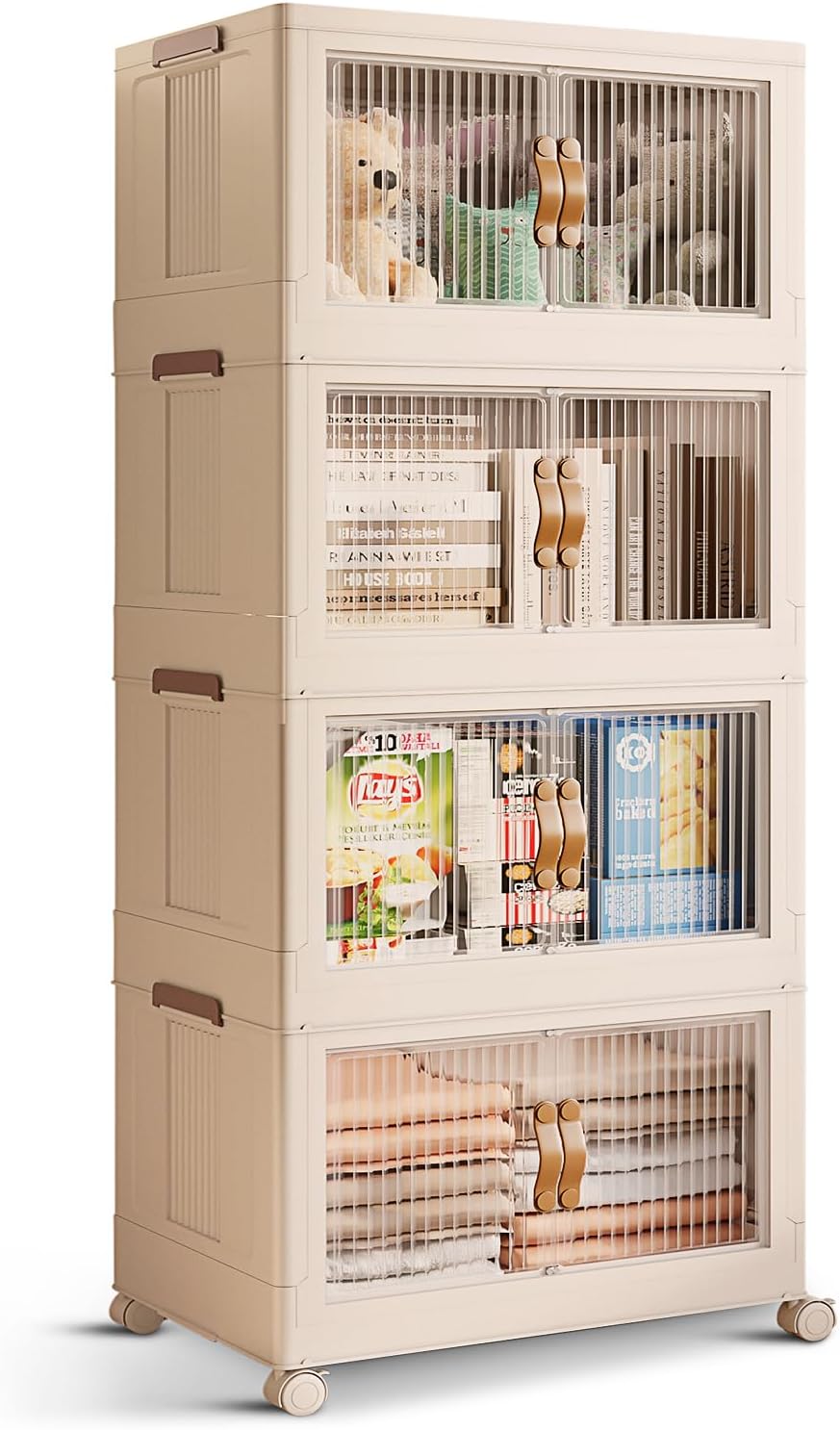 4 Tier Large Stackable Storage Bins with Lids Open Front & 360° Wheels 84.5 QT - Collapsible Storage Bins Home Office Closet Storage Organization, Foldable Clothes Storage Cabinet, 21 GAL