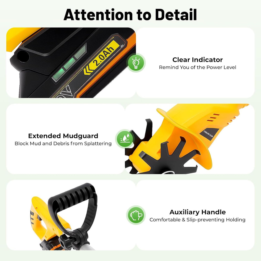 Cordless Tiller Cultivator with 20V 2.0Ah Battery, 250 RPM Electric Garden Tiller, 3.94' Tilling Width, 9.84in Depth, 38.19' to 46.06' Telescoping Pole, Portable Electric Garden Rototiller