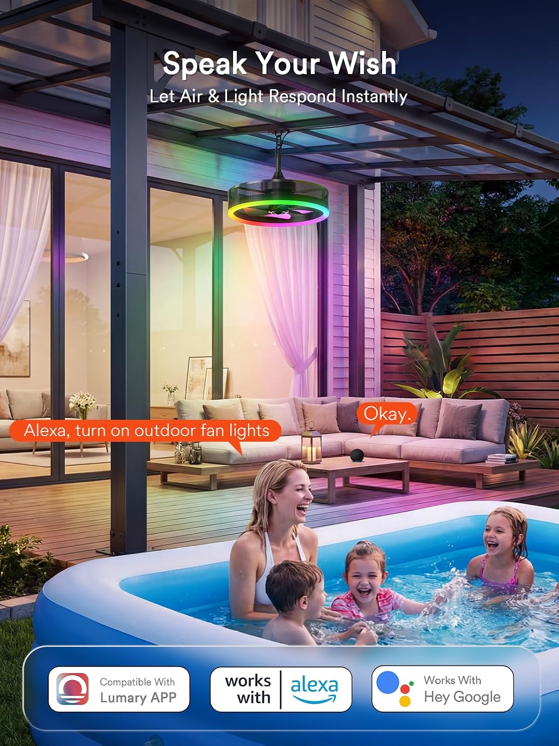 Lumary Smart Outdoor Ceiling Fans with RGBAICW Lights Pro, Wi-Fi Bluetooth Connect, 40+ Scene, Work with Alexa Google, Waterproof Plug in Caged Fan with Hook/Remote/APP Control for Patios Gazebo, 20in
