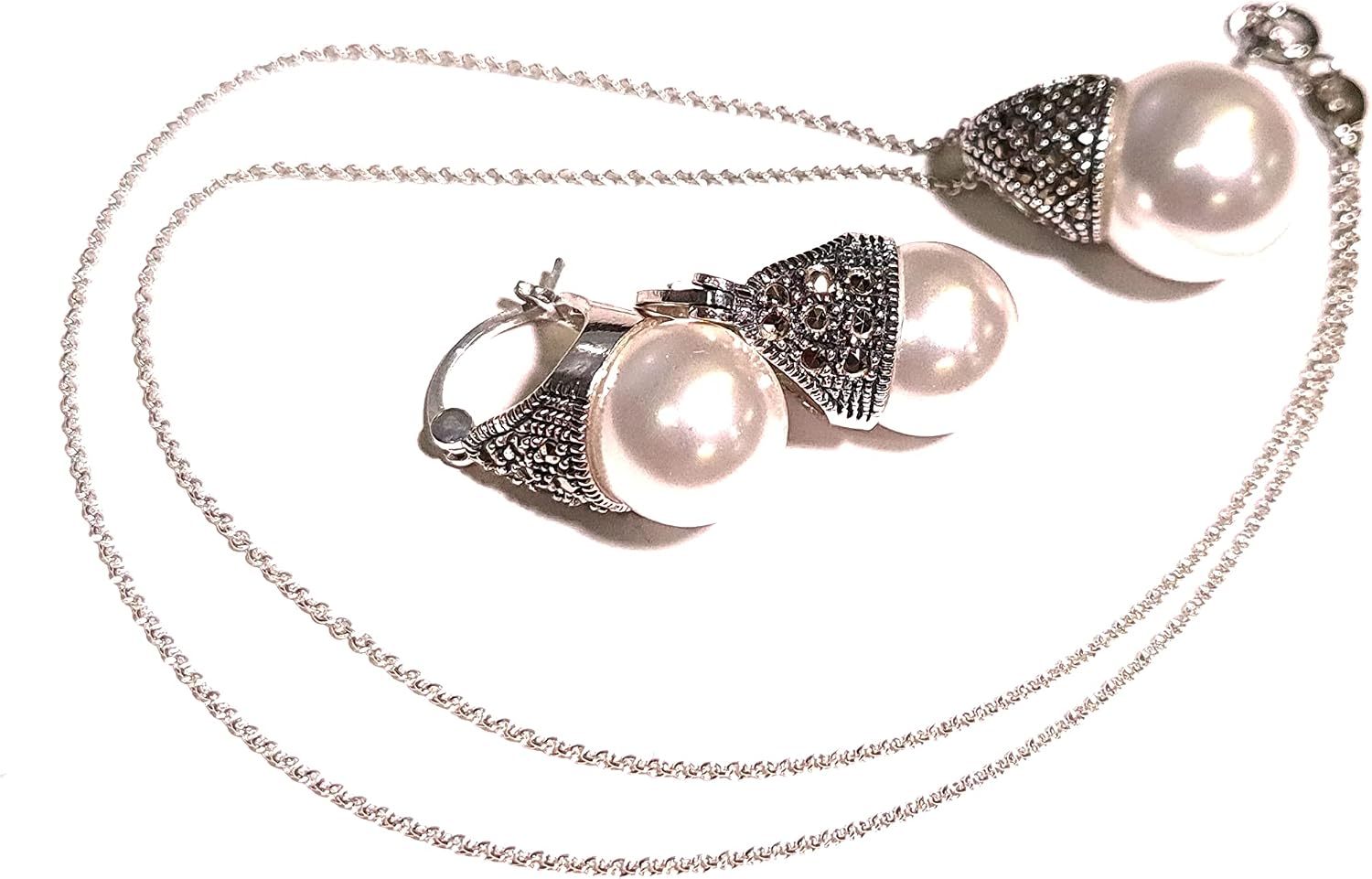 925 Sterling Silver Marcasite with Pearl 14mm Pendant, Earrings Set, Sterling Silver Chain Necklace Jewelry Set