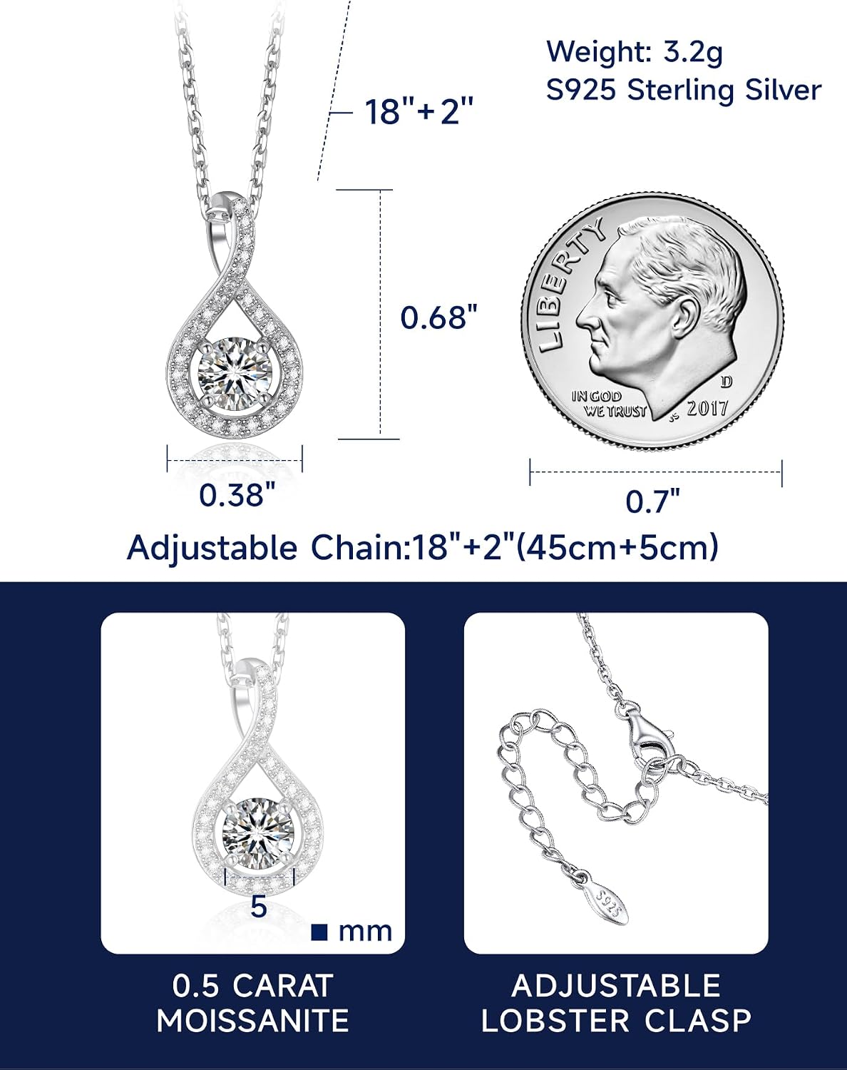 MomentWish Heart Necklace for Women, Jewelry Gifts for Her, D Color VVS1 Moissanite Necklace in 925 Sterling Silver, Infinity Pendent for Birthday Anniversary Mother's Day