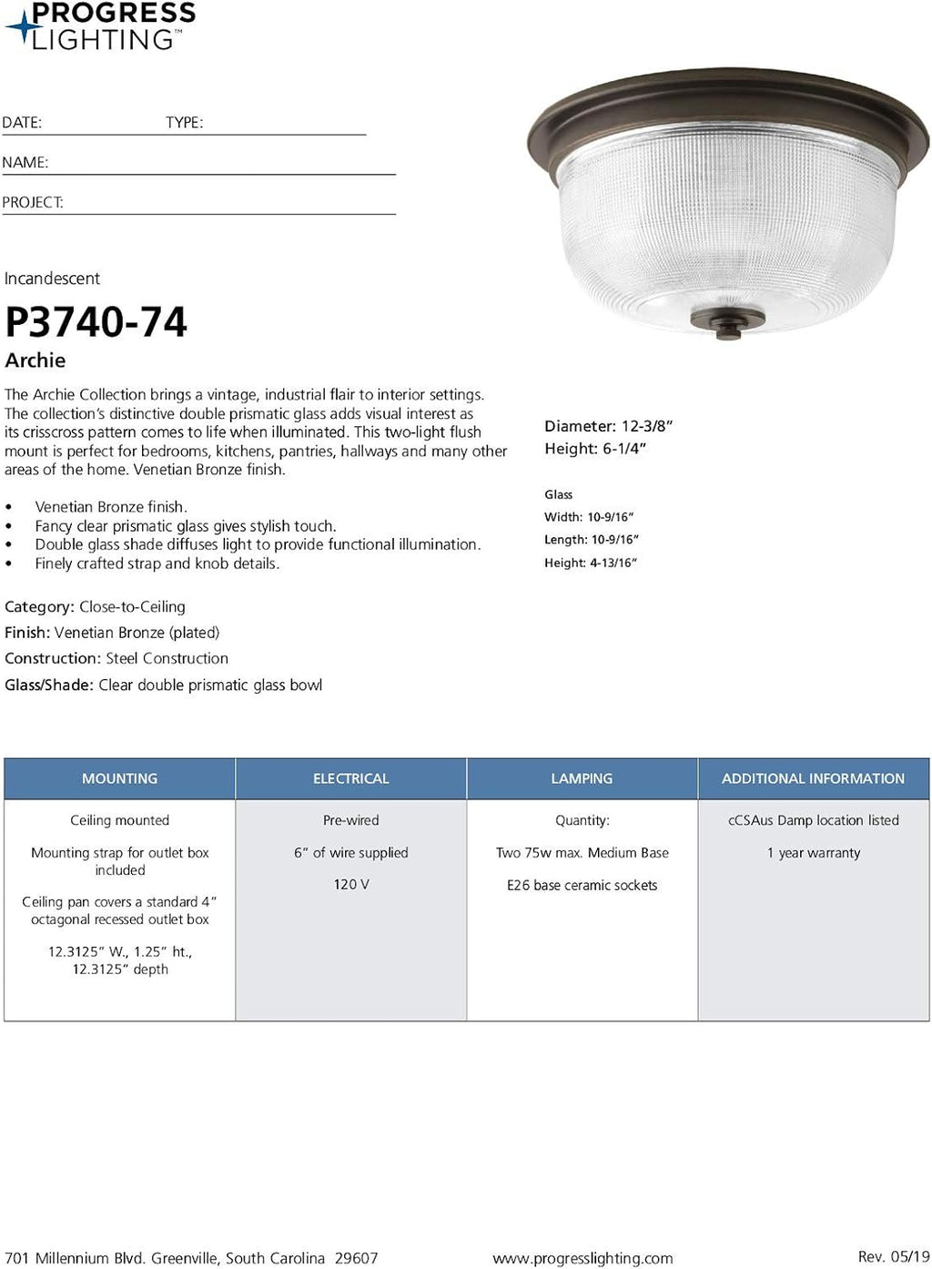 Progress Lighting 2-Light 12-3/8' Close-to-Ceiling, Archie Collection, Indoor, P3740-74, Venetian Bronze
