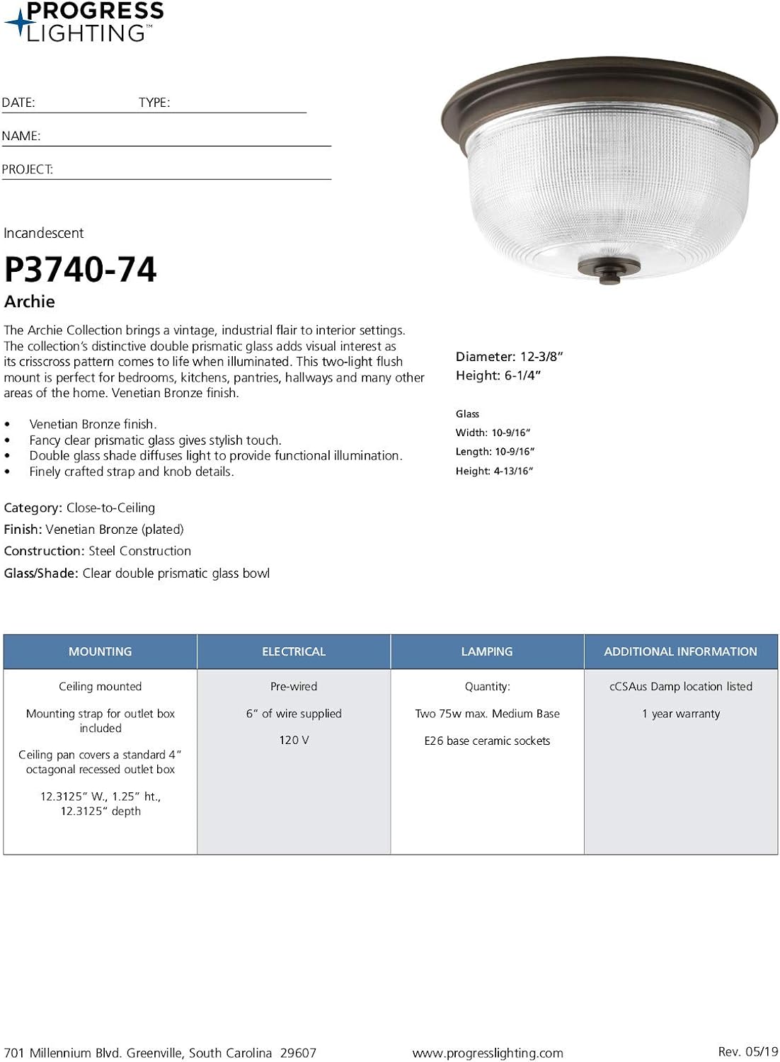 Progress Lighting 2-Light 12-3/8' Close-to-Ceiling, Archie Collection, Indoor, P3740-74, Venetian Bronze