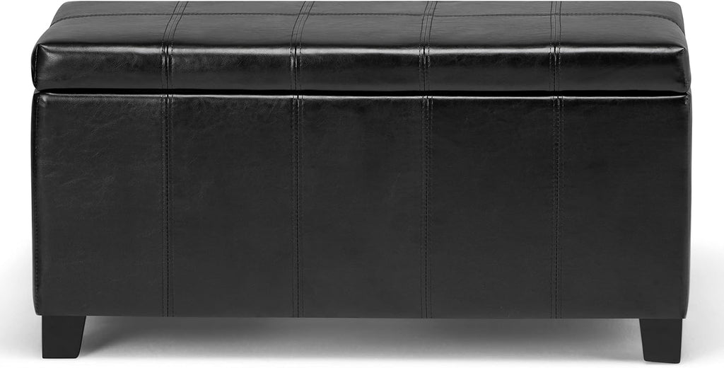 SIMPLIHOME Dover Storage Ottoman Bench - 36 inch Wide Upholstered Vegan Leather Rectangular Lift-Top Ottoman in Midnight Black, Contemporary Bench for Living Room with Safety Hinges