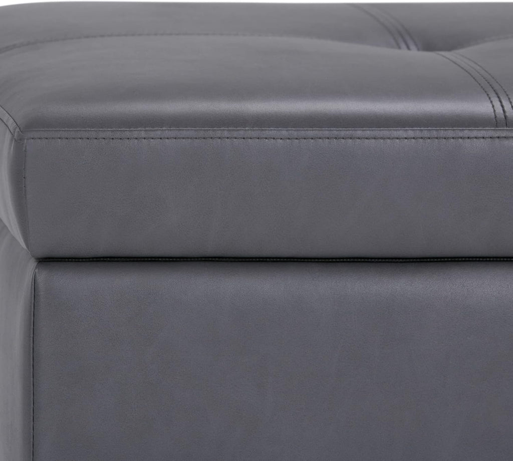 SIMPLIHOME Oregon Storage Ottoman Bench with Tray - 42 inch Wide Upholstered Vegan Leather Rectangle Storage Ottoman Bench in Stone Grey, Transitional Tufted Ottoman for Living Room with Lift-Up Lid