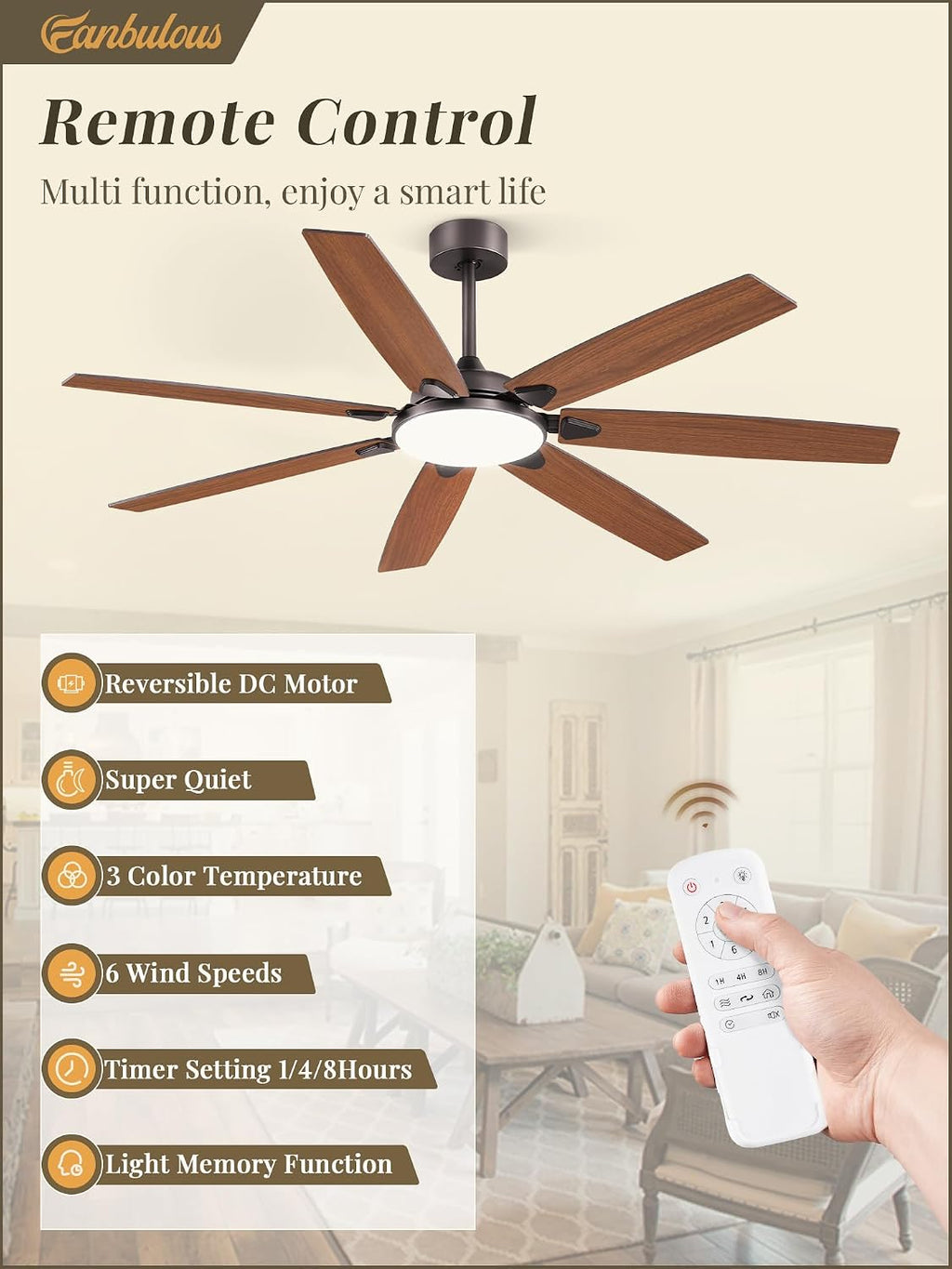 Fanbulous 62 Inch Large Ceiling Fans with Lights and Remote, Oil Bronze Modern Ceiling Fan with 3CCT LED Light, Quiet DC Motor,Indoor/Outdoor Ceiling Fan with 7 Dual Finish Blades for Living Room