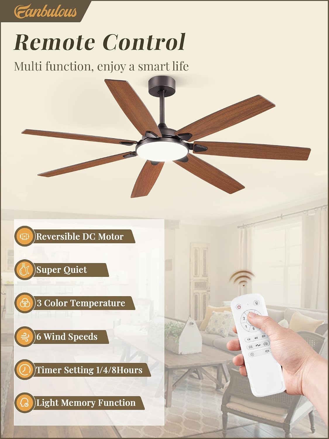 Fanbulous 62 Inch Large Ceiling Fans with Lights and Remote, Oil Bronze Modern Ceiling Fan with 3CCT LED Light, Quiet DC Motor,Indoor/Outdoor Ceiling Fan with 7 Dual Finish Blades for Living Room