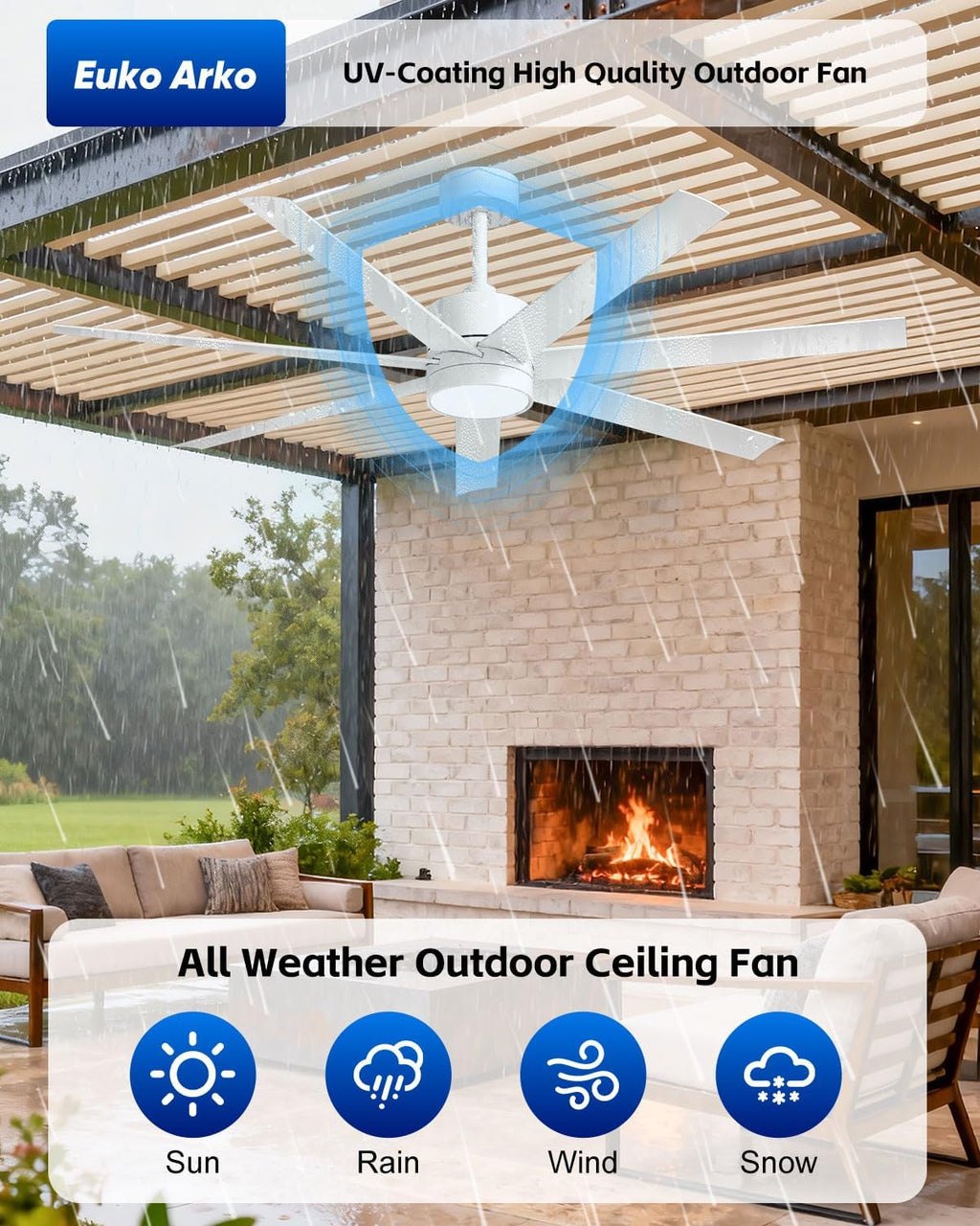 Outdoor Smart Ceiling Fan with Light Waterproof for Patio, Wet Rated All Weather Fan with UV Coating, App/Voice/Remote Control, High CFM, 56 IN White Ceiling Fan for Pergola Porch Gazebo Terraces