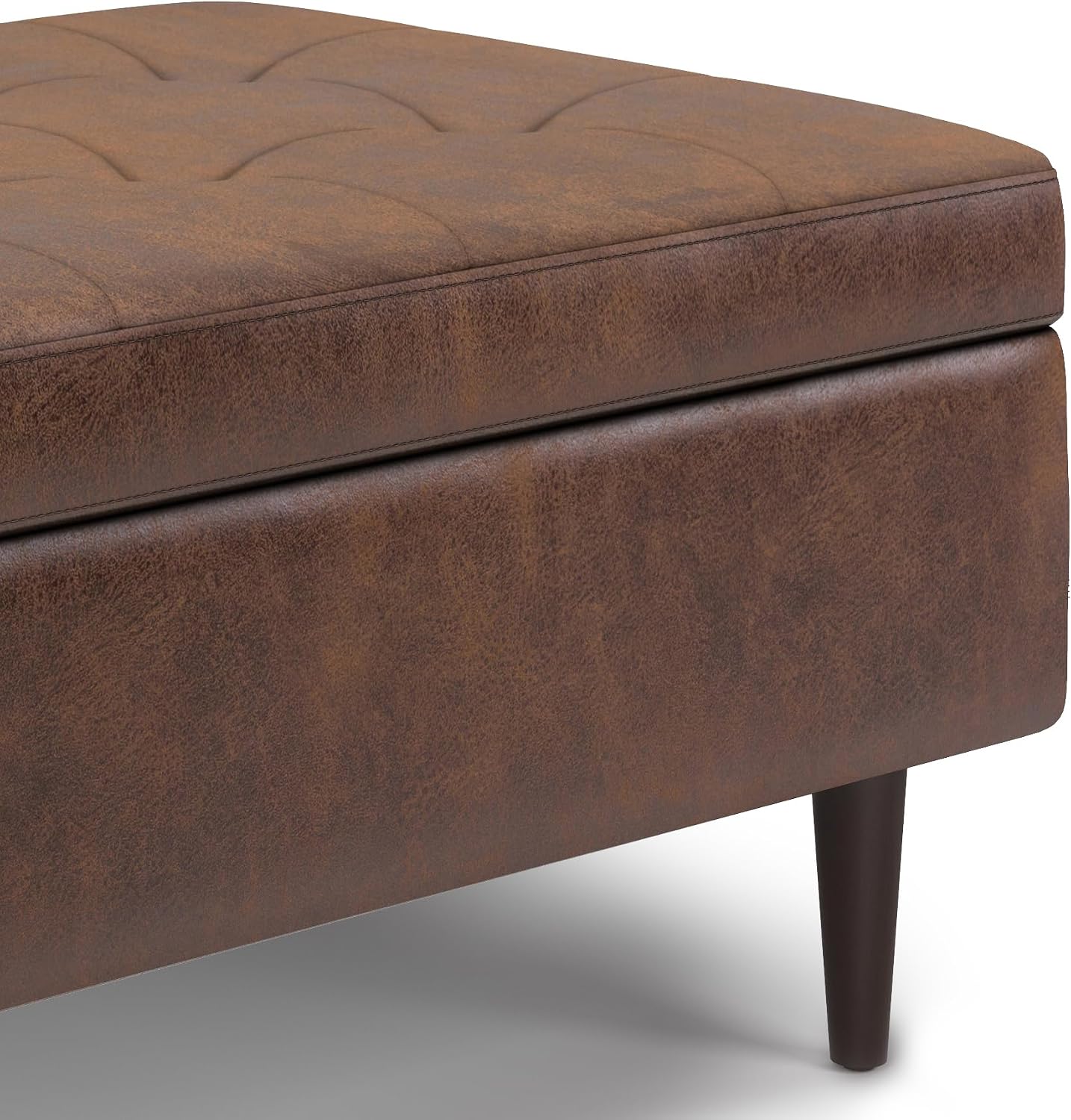 SIMPLIHOME Shay Coffee Table Storage Ottoman - 34 inch Wide Upholstered Vegan Leather Small Rectangle Ottoman in Distressed Chestnut Brown, Mid-Century Modern Tufted Ottoman for Entryway with Lift Top