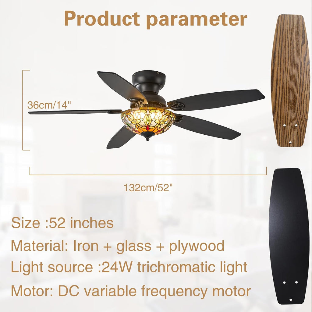 Ceiling Fans with Lights - 52' Ceiling Fan Chandelier with 5 Dual-Blades and Glass Shade, 6 Speeds and Reversible, Indoor and Outdoor, Retro Style