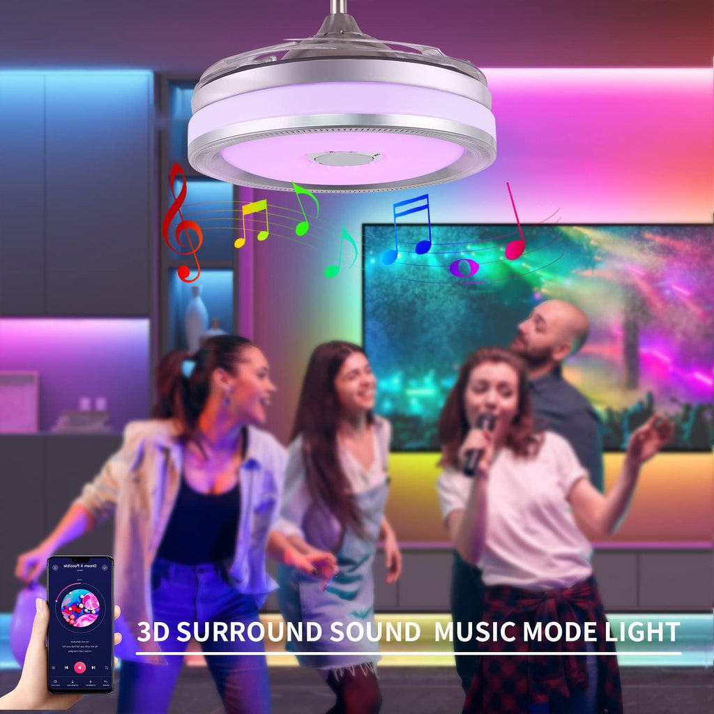 42' Modern Retractable Bluetooth Ceiling Fans with Lights and Remote Control, Invisible Chandelier Fan Lighting with Speaker Play Music 7 Colorful Dimmable Fixture for Bedroom/Living/Room