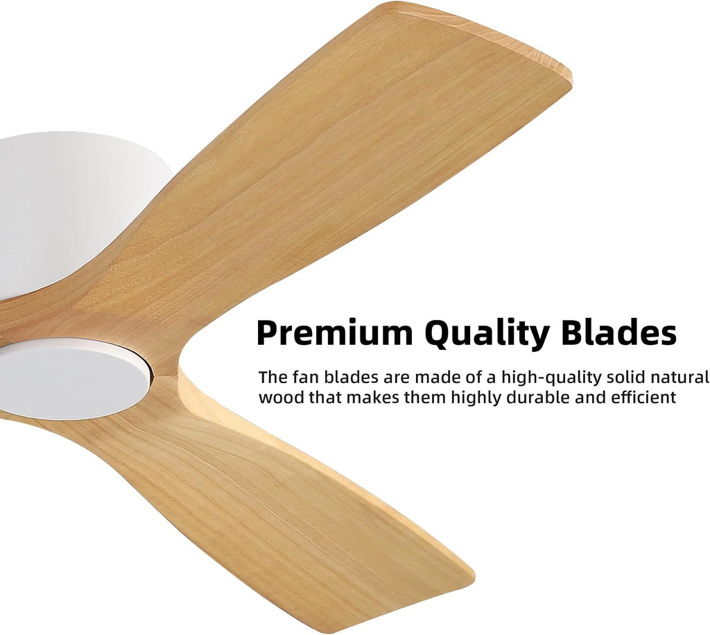 WINGBO 48 Inch Flush Mount DC Ceiling Fan without Lights, 3 Carved Wood Blades, 6-Speed Noiseless Reversible DC Motor, Hugger Ceiling Fan No Lights in White Finish with Oak Blades, ETL Listed