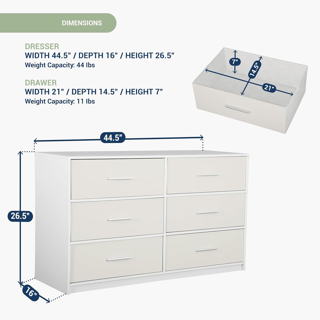 Modern 6-Drawer Dresser with Spacious Storage, Sturdy Wood Frame, Large Capacity Fabric Drawers, Dressers for Bedroom, Home Organization Storage for Living Room or Hallway, White