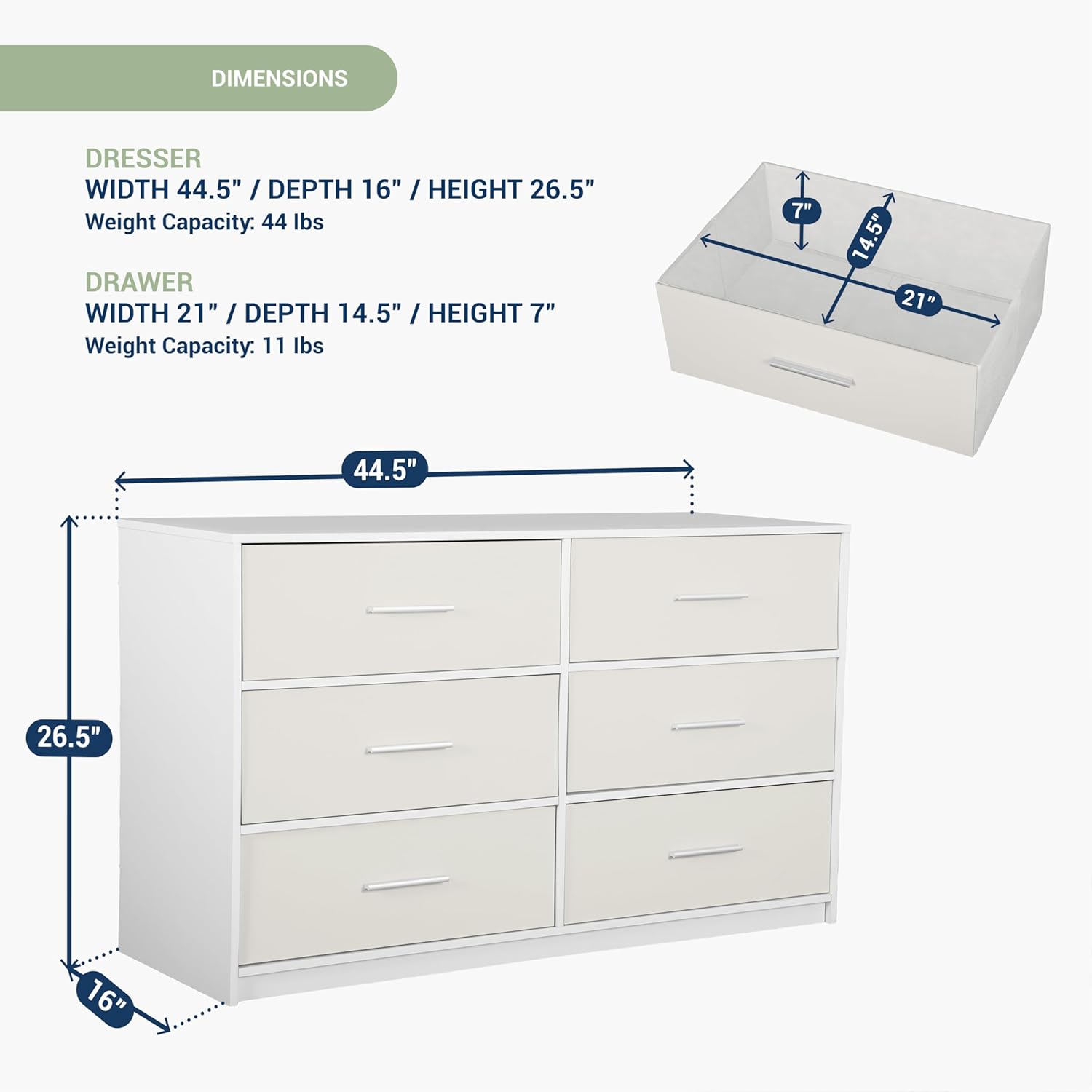 Modern 6-Drawer Dresser with Spacious Storage, Sturdy Wood Frame, Large Capacity Fabric Drawers, Dressers for Bedroom, Home Organization Storage for Living Room or Hallway, White