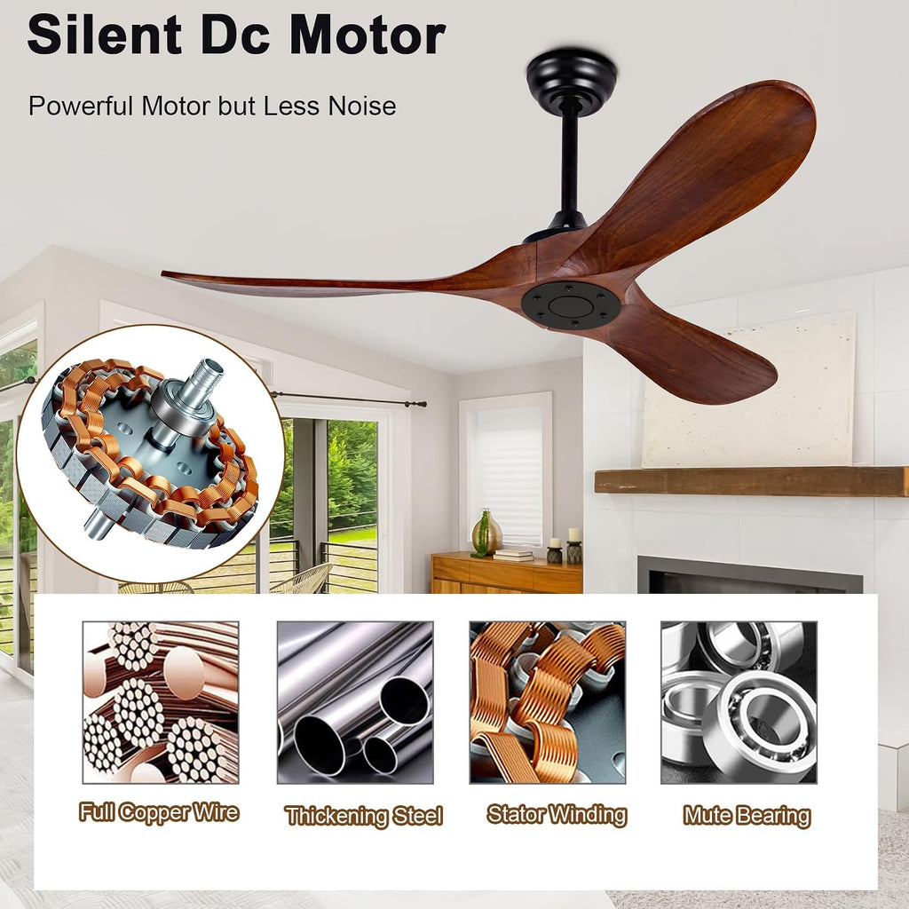 52-inch Ceiling Fan Without Light, with Remote Control, Reversible DC Motor, with 3 Solid Wood Blades, for Patio, Living Room, Bedroom, Farmhouse (Black + Walnut)
