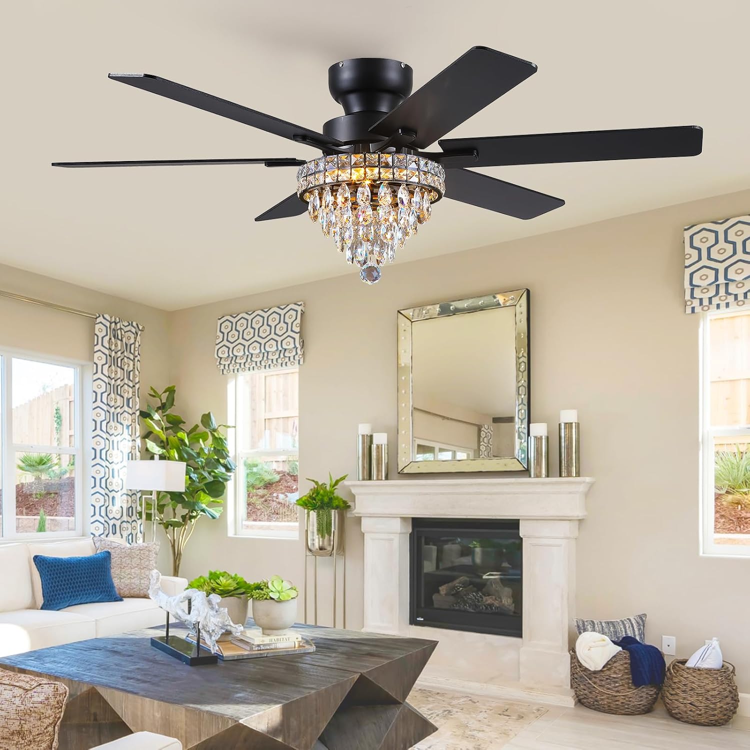 Asyko Chandelier Ceiling Fan -52' Crystal Ceiling Fan- Fandelier Fan Light Black with Remote, Silent Reversible Motor, Dual-Sided 6 Blades, 3 Speed, Timer, Indoor Fan Ceiling