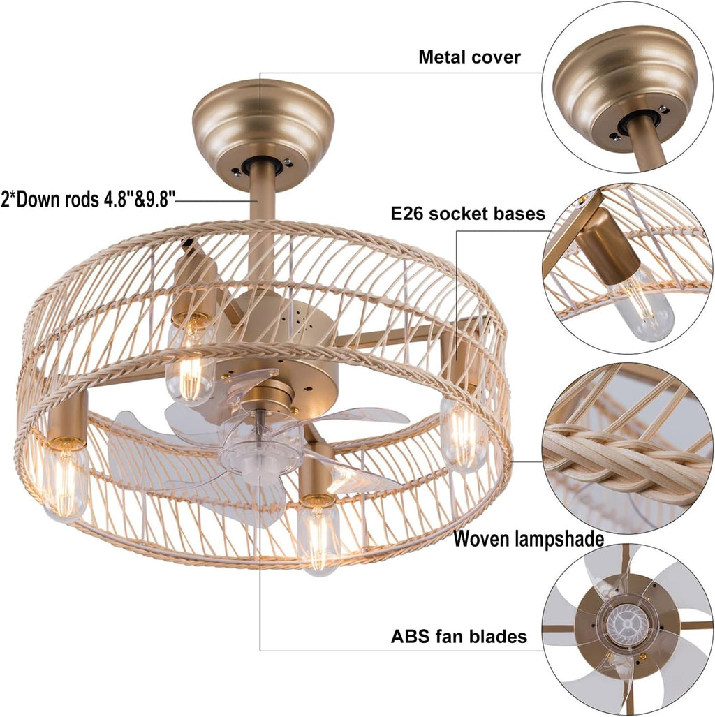 OUKANING Bamboo Art Caged Ceiling Fan with Light, Fandelier with Remote Control & Noiseless 35db - Farmhouse Rustic Bladeless Ceiling Fans Chandelier Retro Lighting Fixture