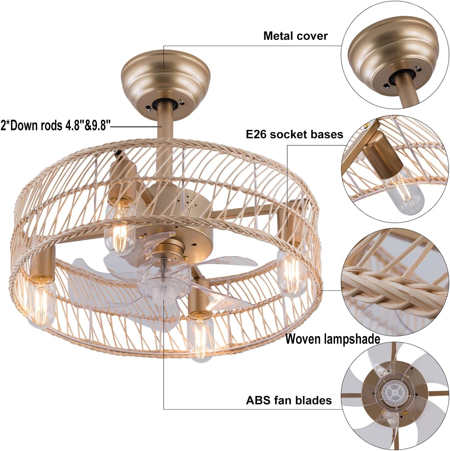OUKANING Bamboo Art Caged Ceiling Fan with Light, Fandelier with Remote Control & Noiseless 35db - Farmhouse Rustic Bladeless Ceiling Fans Chandelier Retro Lighting Fixture
