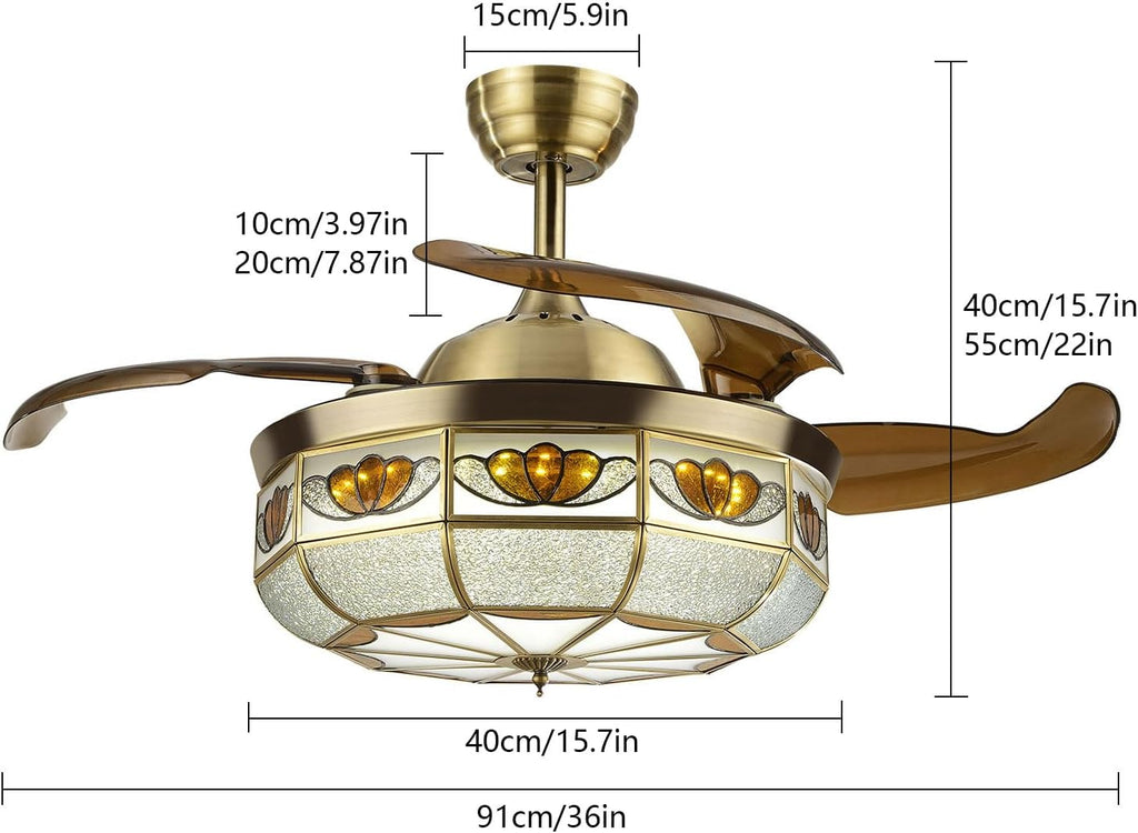 36' Vintage Retractable Ceiling Fan Light, Chandelier Fan with controller 3-Color Lighting 6-Speed Copper Glass Lampshade & Reverse Function for Bedroom Living Room (Bronze)