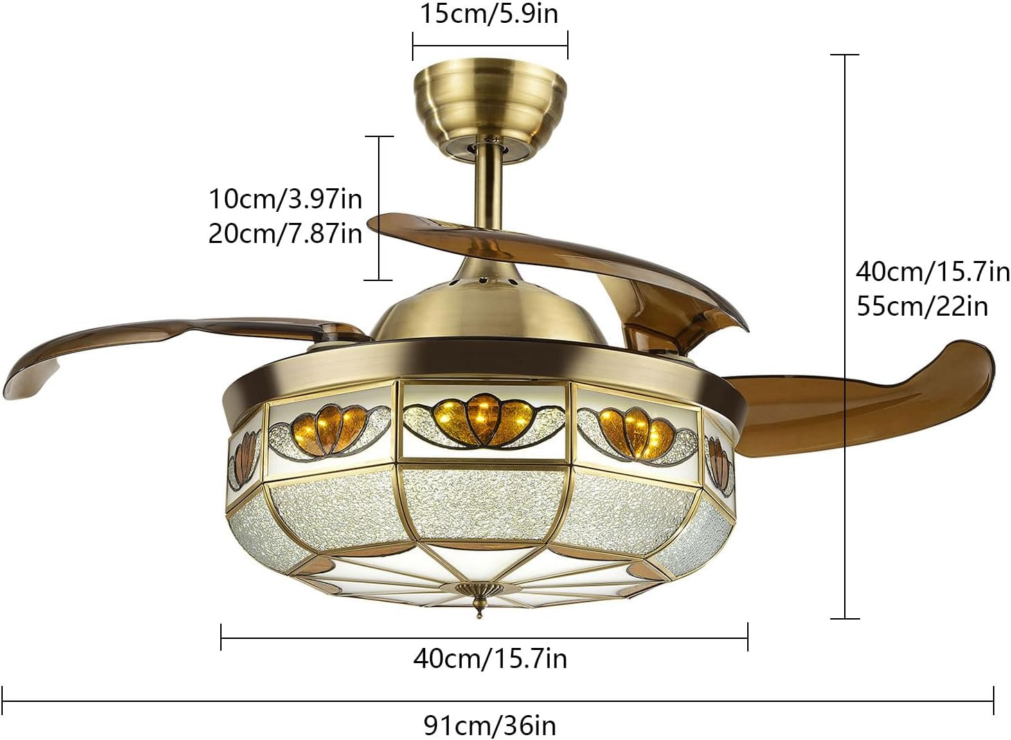 36' Vintage Retractable Ceiling Fan Light, Chandelier Fan with controller 3-Color Lighting 6-Speed Copper Glass Lampshade & Reverse Function for Bedroom Living Room (Bronze)