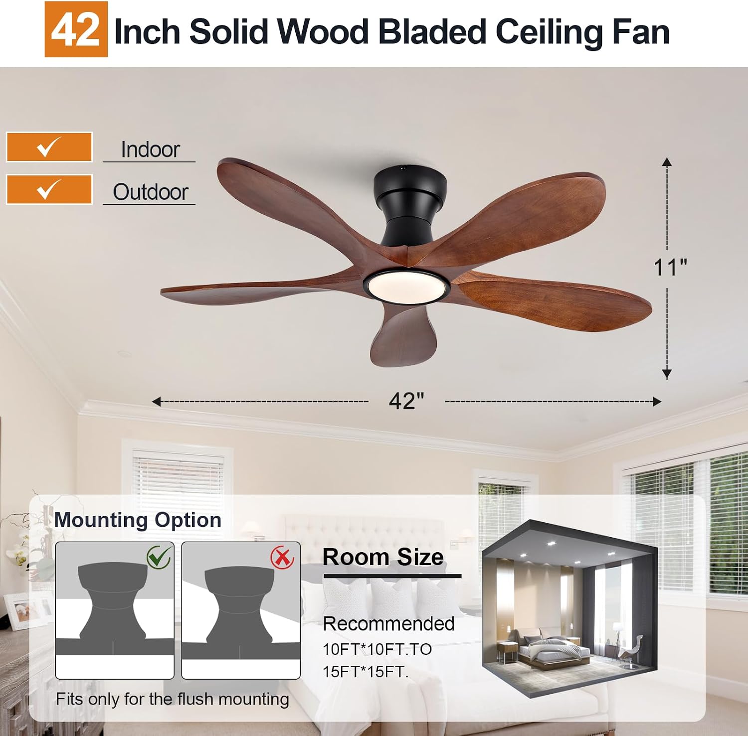 42 Inch Flush Mount Ceiling Fans with Lights and Remote, Dimmable 5 Blade Wood Outdoor Ceiling Fan Outdoor Fans for Patios Low Profile Modern Ceiling Fan with Light for Bedroom Living Room