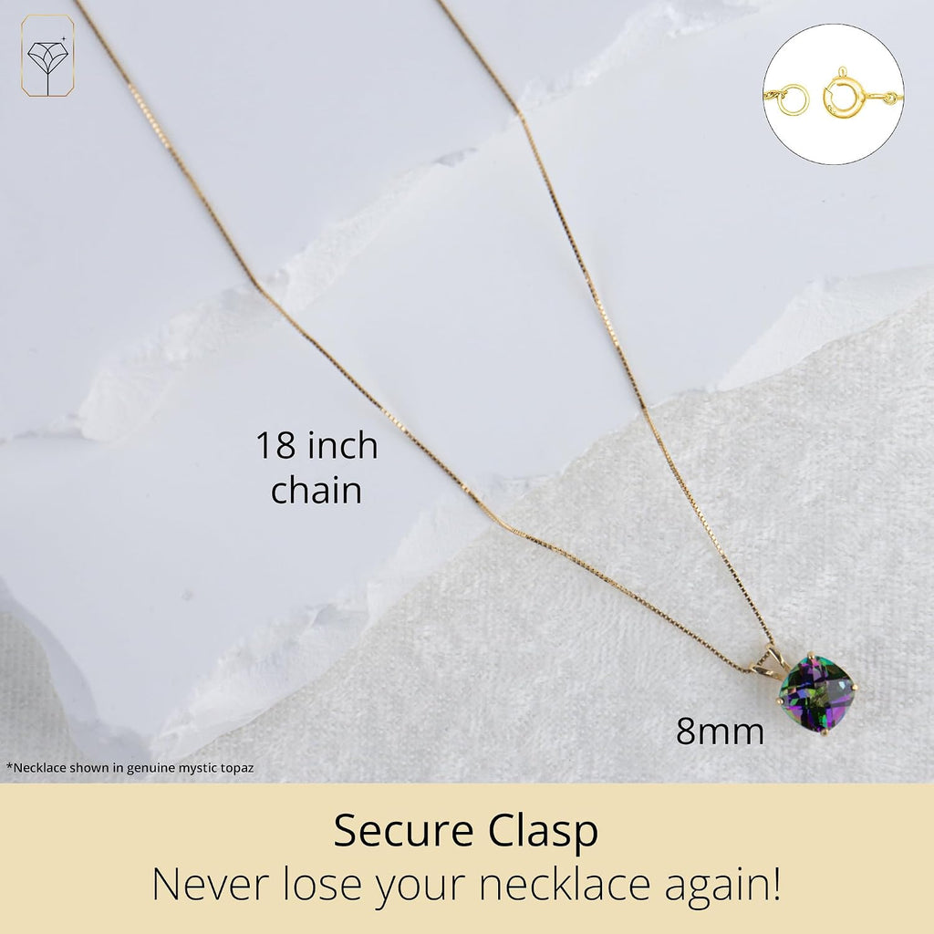 MAX + STONE Cushion Cut Gemstone Necklace | 8mm Solitaire Birthstone Necklace for Women | Gemstone Pendant Necklaces with 18 inch Box Chain