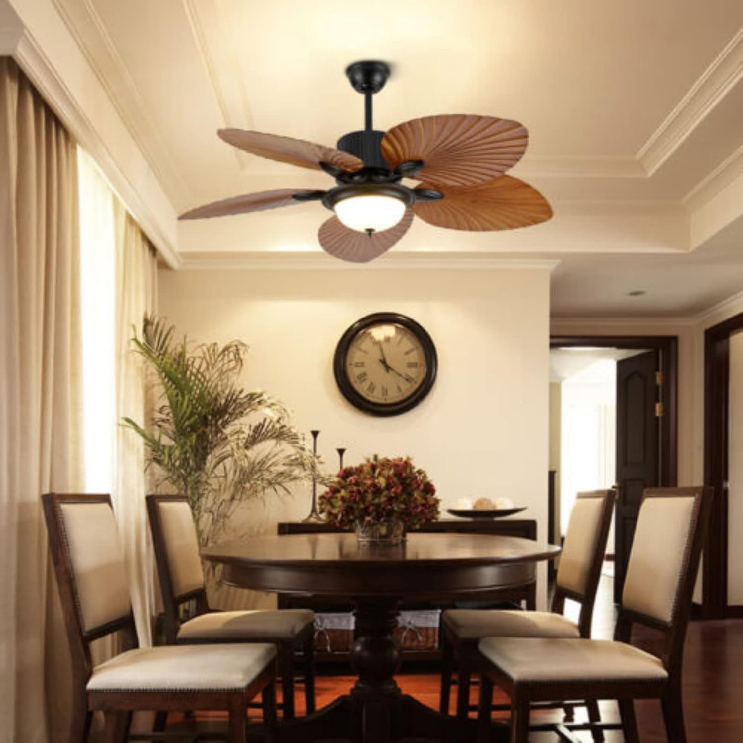 52' Retro Ceiling Fan Light, Leaf Blades Chandelier Indoor Lamp w/Remote Control Quiet, 5 ABS Palm Leaf Blades, 3 Speed & 3 Lighting Colors & Smart Timing, Home Indoor Bedroom Living Room