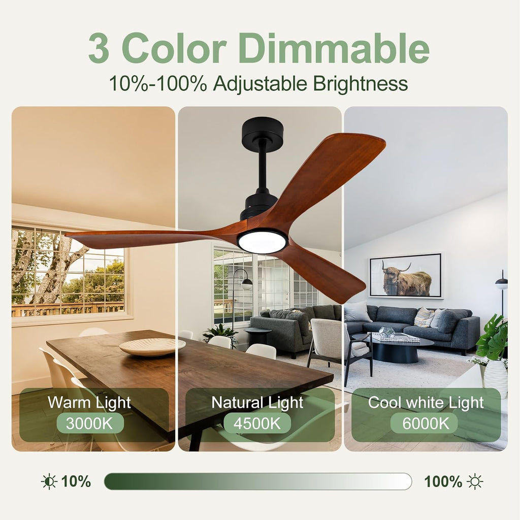 ZVL 60 Inch Ceiling Fans with Lights and Remote Control, Solid Wood Blades, 6 Speed Reversible DC Motor, Dimmable, Timer, Indoor Outdoor Ceiling Fan for Bedroom Living Room Patios
