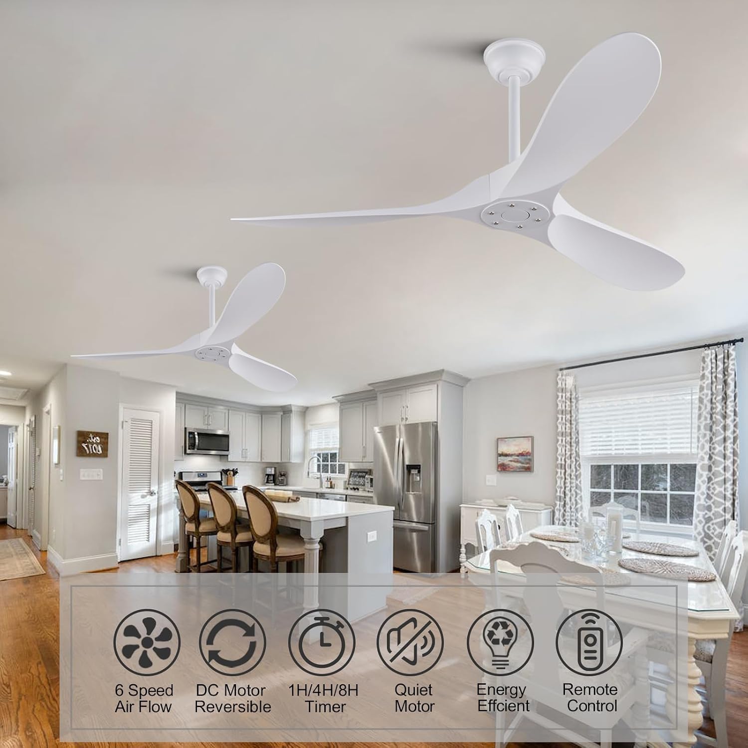 52'' Ceiling Fan without Lights, White Modern 3 Blades Ceiling Fan with Remote Control, 6 Speed Quiet Reversible DC Motor, Indoor Outdoor Ceiling Fan for Bedroom Dining Room Study Patios