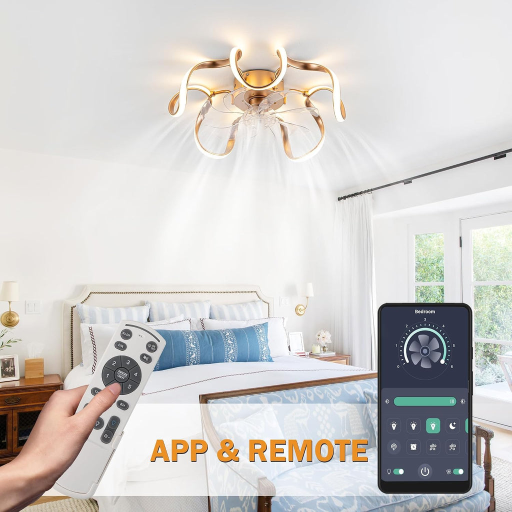 Bella Depot Modern Gold Ceiling Fan, Low Profile Chandelier Fan with Light, Flush Mount LED Ceiling Fan with Dimmable 3 Color LED Lights, Reversible, Timing, APP Control for Bedroom Kitchen