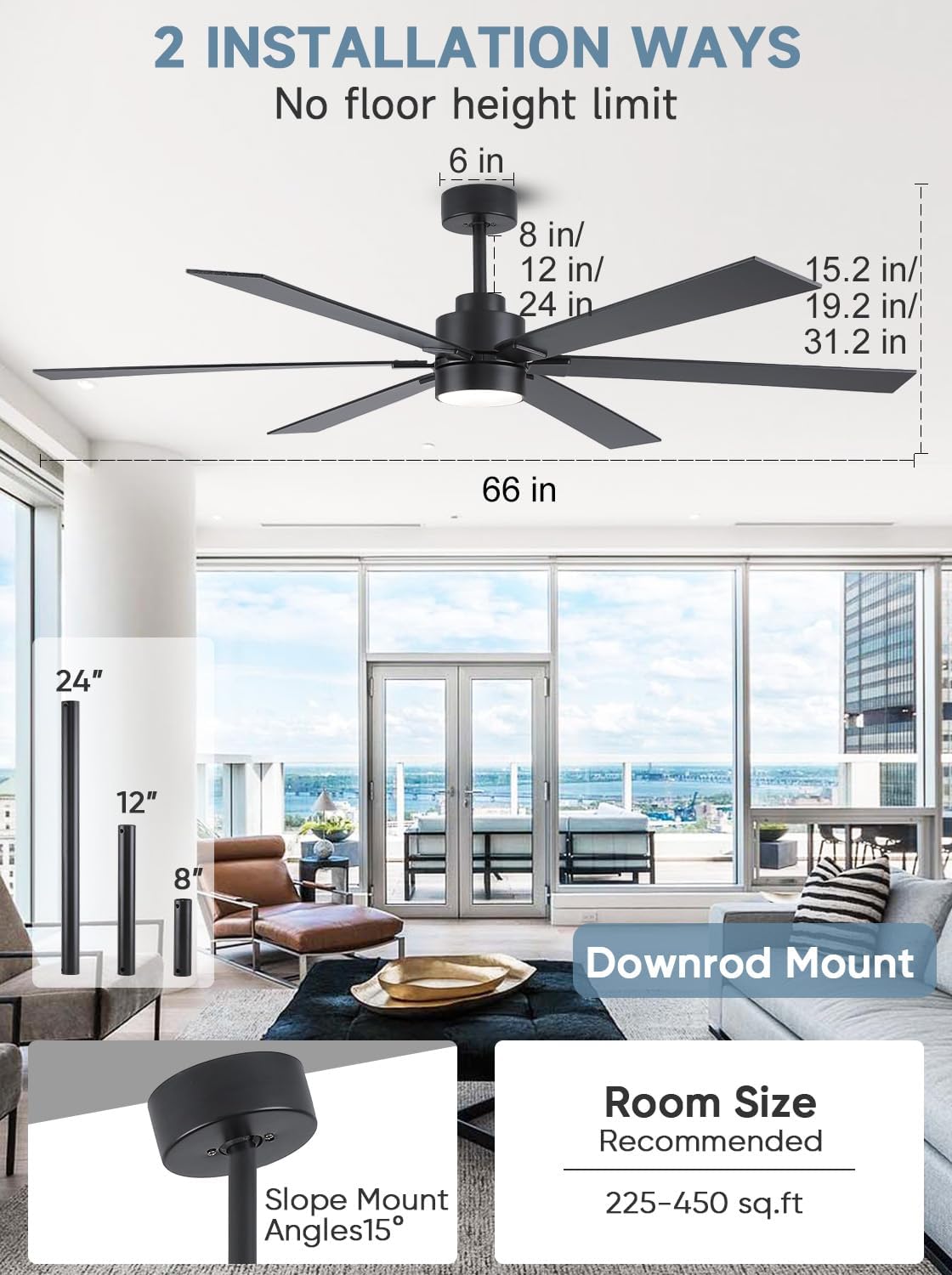 66 Inch Black Large Ceiling Fans with Lights and Remote, Damp Rated Outdoor Ceiling Fan for Patio with 3 Down Rods, Modern Reversible DC Fan for Indoor Living Room Farmhouse Porch Industrial