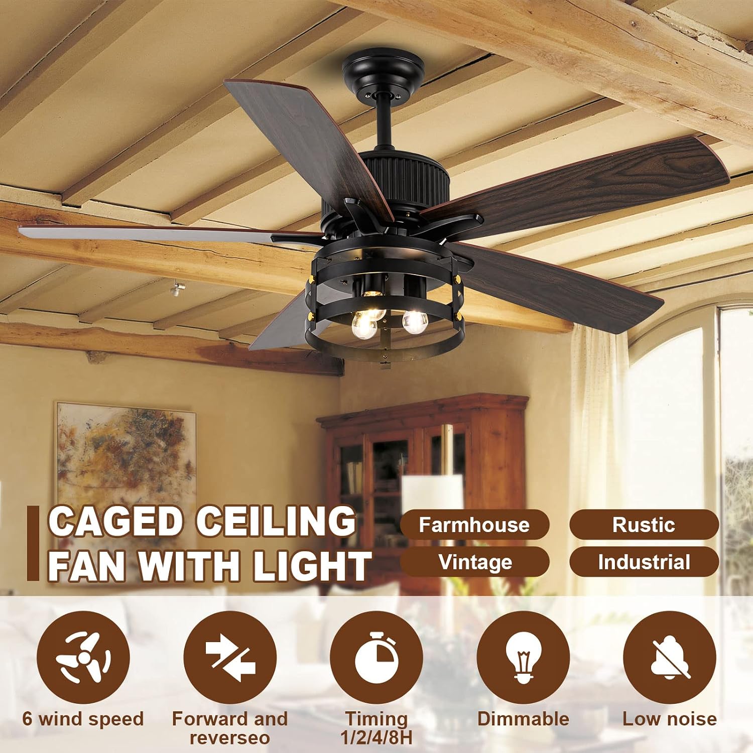 52 Inch Ceiling Fan with Light, Farmhouse Ceiling Fan with 5 Wood Dual Finish Blades,DC Motor Ceiling Fan High Airflow,Indoor Outdoor Ceiling Fans for Patios,Living Room(52Inch,Black)