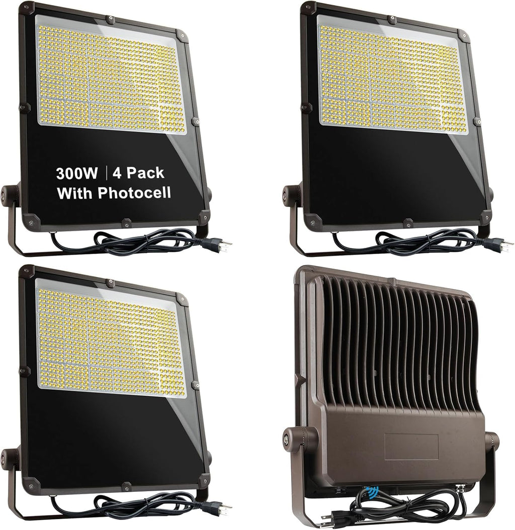 Lightdot 300W Outdoor Flood Lights AC100-277V LED Stadium Lights 45000Lm (1200W Eqv.) LED Flood Lights with Photocell, IP65 Waterproof Area Lighting for Backyard/Stadium-4Pack 5Yrs Warranty