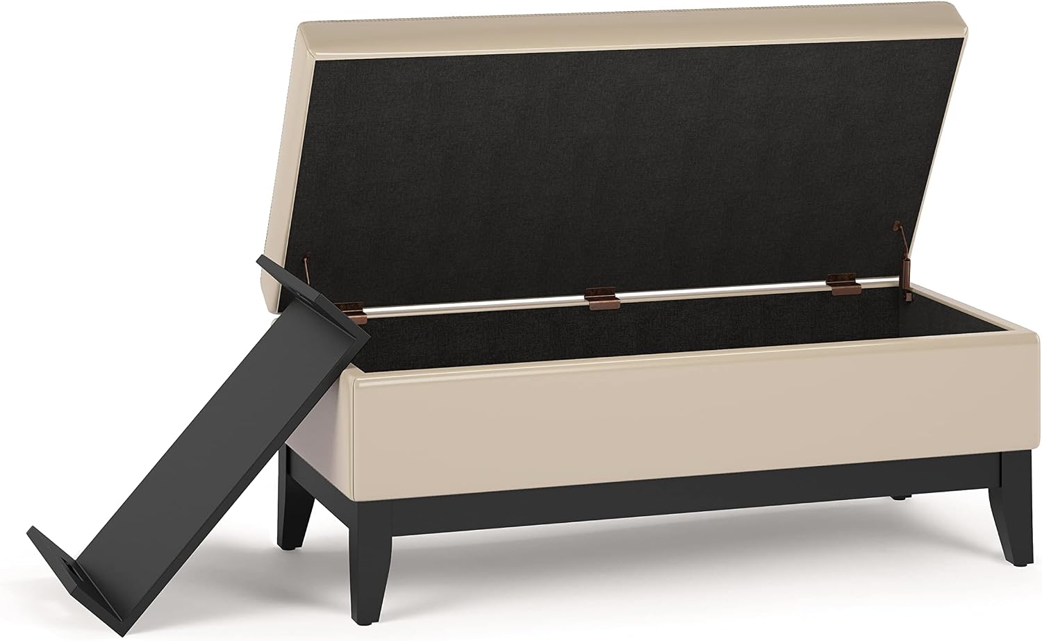 SIMPLIHOME Oregon Storage Ottoman Bench with Tray - 42 inch Wide Upholstered Vegan Leather Rectangle Storage Ottoman Bench in Satin Cream, Transitional Tufted Ottoman for Living Room with Lift-Up Lid
