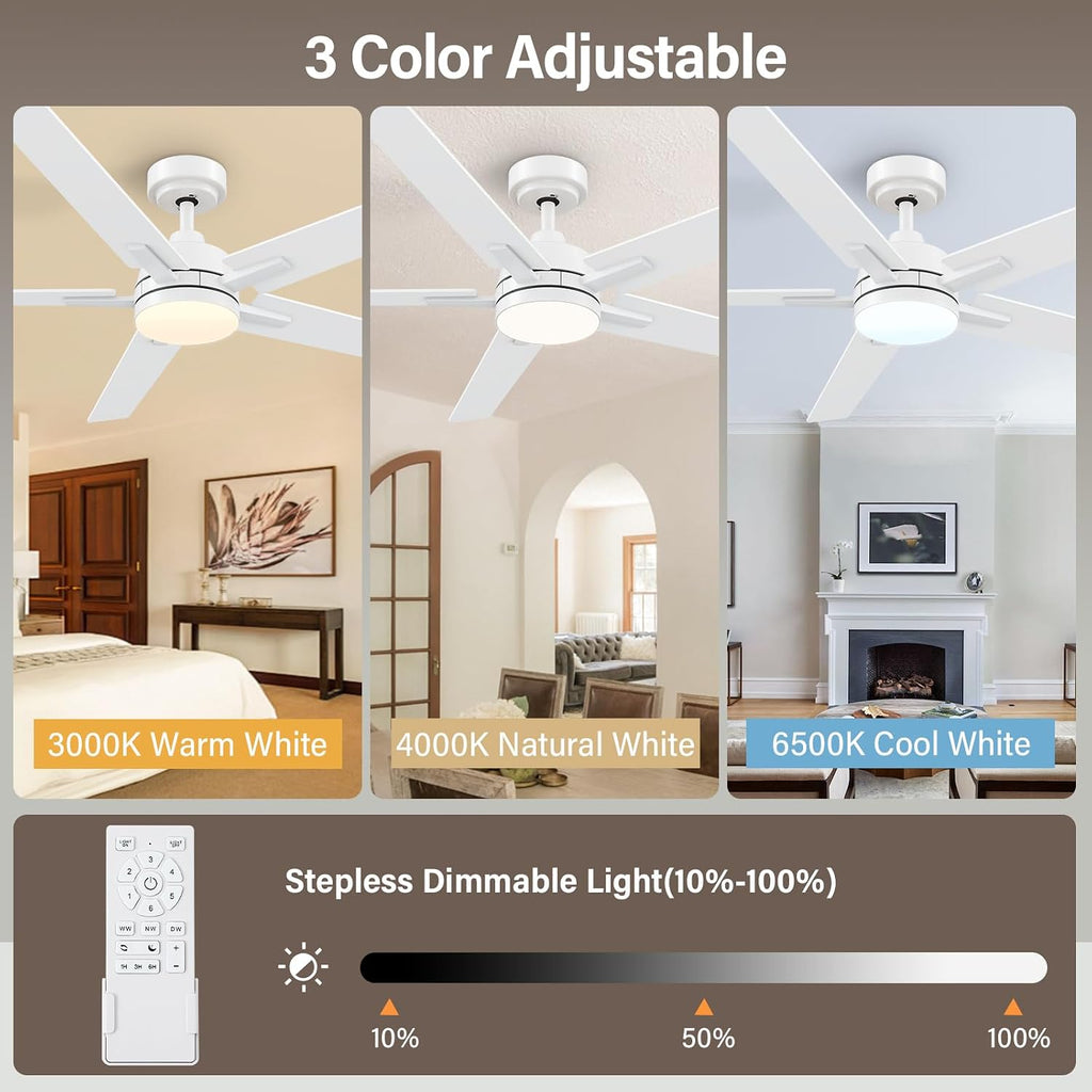 60 Inch White Ceiling Fans with Lights and Remote, Reversible, 3CCT, Dimmable, Noiseless, Large Ceiling Fan for Bedroom, Living Room and Patio, Indoor/Outdoor Use