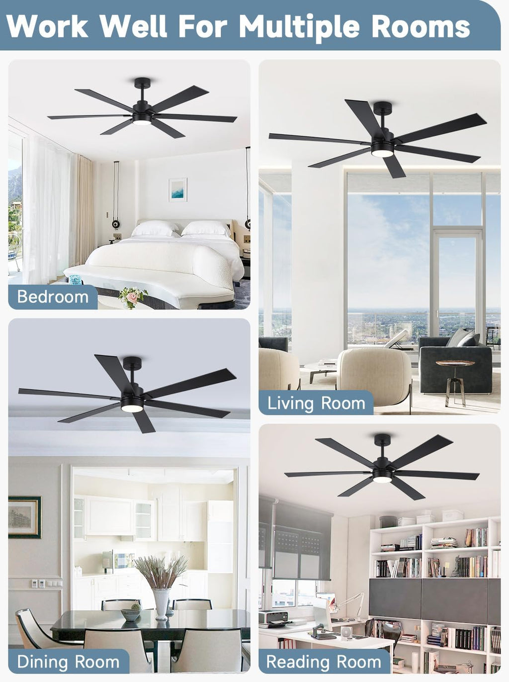 66 Inch Black Large Ceiling Fans with Lights and Remote, Damp Rated Outdoor Ceiling Fan for Patio with 3 Down Rods, Modern Reversible DC Fan for Indoor Living Room Farmhouse Porch Industrial