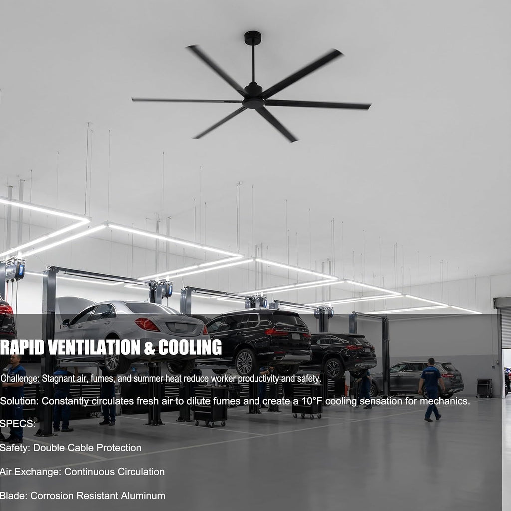 100 Inch Big Industrial Fan, HVLS Large Ceiling Fan for Shops & Warehouses, Quiet 90W DC Motor, 6 Aluminum Blades, 10-Year Warranty for Garage, Gym, Factory & Patio