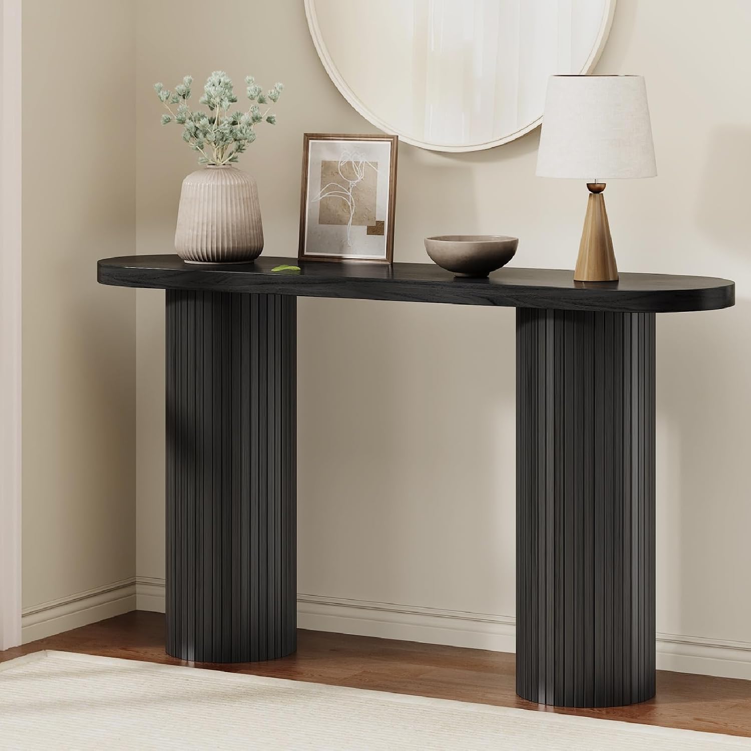 55 Inch Entryway Console Table, Fluted Sofa Table Behind The Couch, Mid-Century Modern Foyer Curved Table, Narrow Long Hallway Tables, Wooden Accent Home Decor Furniture for Living Room, Black