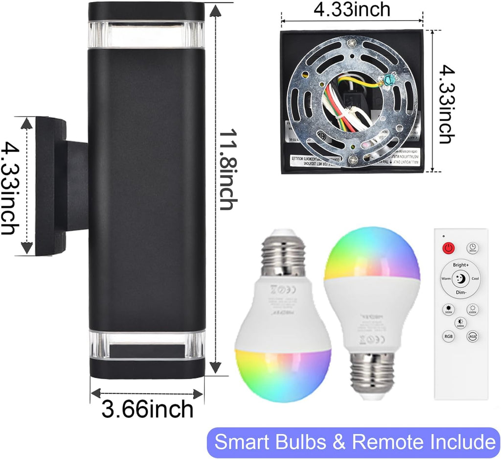 wowlite Smart Up and Down Lights Outdoor 2 Pack, RGBCW Exterior Lighting Fixtures WiFi App Control 2700K-6500K Ambience Wall Sconce Light Color Changing, Black Exterior Lights for House Porch Patio