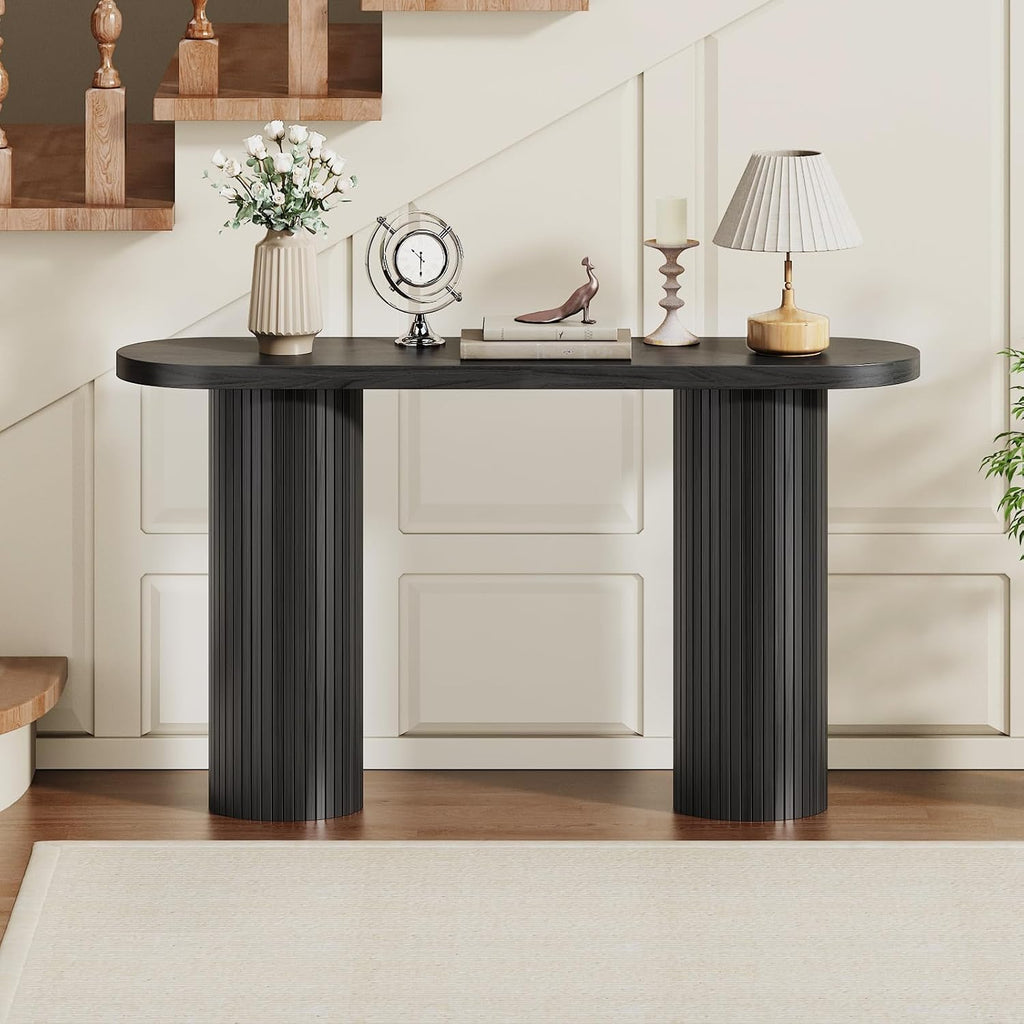 55 Inch Entryway Console Table, Fluted Sofa Table Behind The Couch, Mid-Century Modern Foyer Curved Table, Narrow Long Hallway Tables, Wooden Accent Home Decor Furniture for Living Room, Black